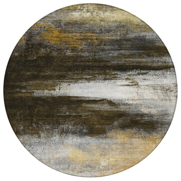 HomeRoots 8' Chocolate Gold and Beige Round Abstract Area Rug - Stylish, Washable, Indoor & Outdoor Comfort 629199