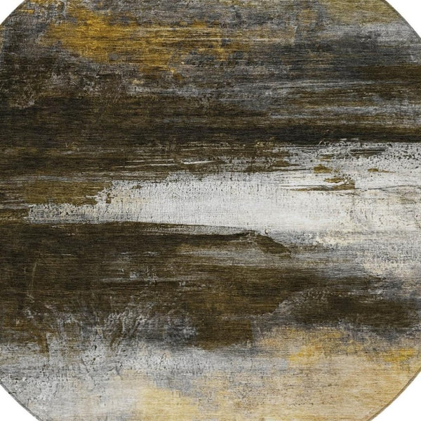 HomeRoots 8' Chocolate Gold and Beige Round Abstract Area Rug - Stylish, Washable, Indoor & Outdoor Comfort 629199
