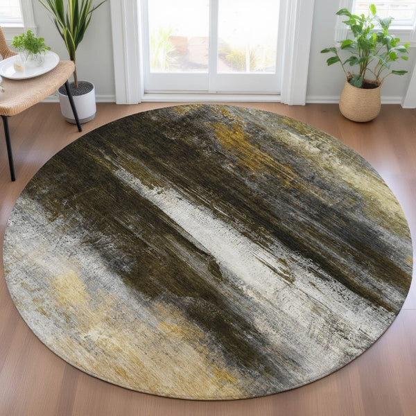 HomeRoots 8' Chocolate Gold and Beige Round Abstract Area Rug - Stylish, Washable, Indoor & Outdoor Comfort 629199