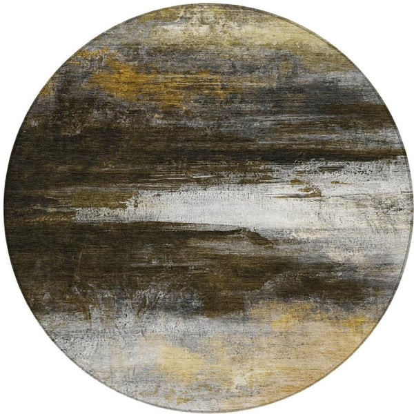 HomeRoots 8' Chocolate Gold and Beige Round Abstract Area Rug - Stylish, Washable, Indoor & Outdoor Comfort 629199