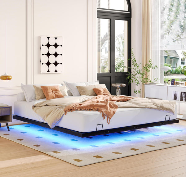 English Elm King Metal Floating Bed Frame with LED Lights, 1000LB Capacity, Noise-Free Platform, Easy Assembly W1670P255522