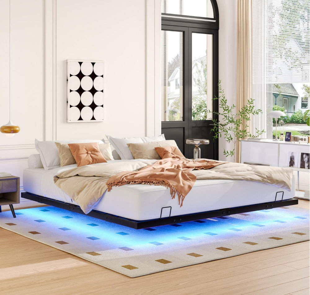 English Elm Queen Metal Platform Bed with Built-in Led Underlighting for Modern Bedroom Decor W1670P407045