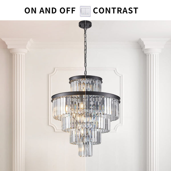 English Elm 24" K9 Crystal Five Tier Chandelier Black Iron Frame 15 Light Dining Foyer Fixture W2312P477404