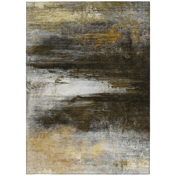 HomeRoots 9' x 12' Chocolate, Gold & Beige Modern Abstract Rug - Washable Indoor/Outdoor, Pet-Friendly Design! 629201