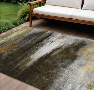 HomeRoots 9' x 12' Chocolate, Gold & Beige Modern Abstract Rug - Washable Indoor/Outdoor, Pet-Friendly Design! 629201