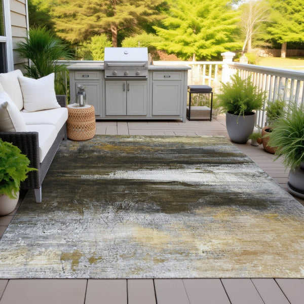 HomeRoots 9' x 12' Chocolate, Gold & Beige Modern Abstract Rug - Washable Indoor/Outdoor, Pet-Friendly Design! 629201