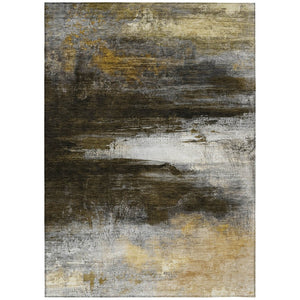 HomeRoots 9' x 12' Chocolate, Gold & Beige Modern Abstract Rug - Washable Indoor/Outdoor, Pet-Friendly Design! 629201