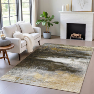 HomeRoots 9' x 12' Chocolate, Gold & Beige Modern Abstract Rug - Washable Indoor/Outdoor, Pet-Friendly Design! 629201