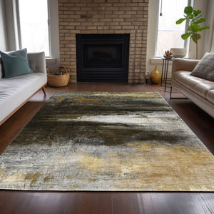 HomeRoots 9' x 12' Chocolate, Gold & Beige Modern Abstract Rug - Washable Indoor/Outdoor, Pet-Friendly Design! 629201
