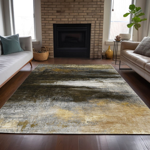HomeRoots 9' x 12' Chocolate, Gold & Beige Modern Abstract Rug - Washable Indoor/Outdoor, Pet-Friendly Design! 629201