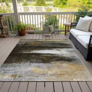 HomeRoots 9' x 12' Chocolate, Gold & Beige Modern Abstract Rug - Washable Indoor/Outdoor, Pet-Friendly Design! 629201