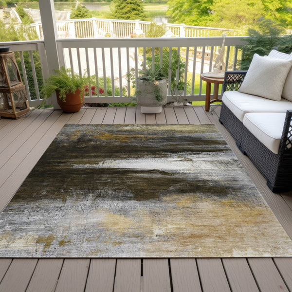 HomeRoots 9' x 12' Chocolate, Gold & Beige Modern Abstract Rug - Washable Indoor/Outdoor, Pet-Friendly Design! 629201