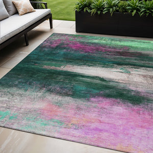 HomeRoots 5' X 8' Stylish Green Blush Ivory Abstract Washable Area Rug for Indoor/Outdoor High-Traffic Spaces 629204