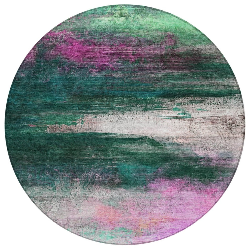 HomeRoots 8' Contemporary Abstract Round Area Rug in Green, Blush & Ivory - Washable, Durable & Stylish for Home 629205