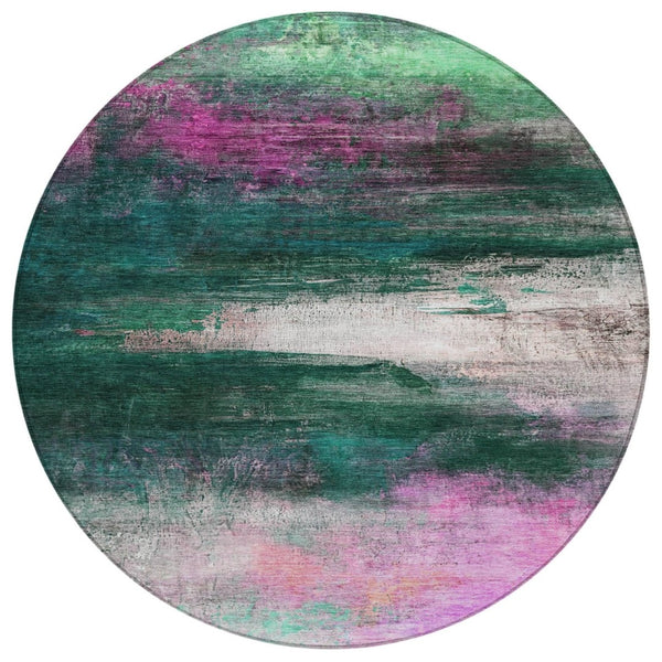 HomeRoots 8' Contemporary Abstract Round Area Rug in Green, Blush & Ivory - Washable, Durable & Stylish for Home 629205
