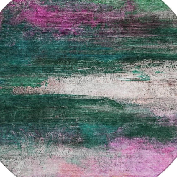 HomeRoots 8' Contemporary Abstract Round Area Rug in Green, Blush & Ivory - Washable, Durable & Stylish for Home 629205