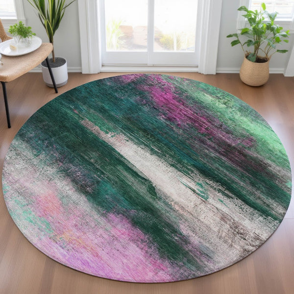 HomeRoots 8' Contemporary Abstract Round Area Rug in Green, Blush & Ivory - Washable, Durable & Stylish for Home 629205