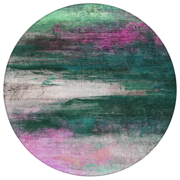 HomeRoots 8' Contemporary Abstract Round Area Rug in Green, Blush & Ivory - Washable, Durable & Stylish for Home 629205