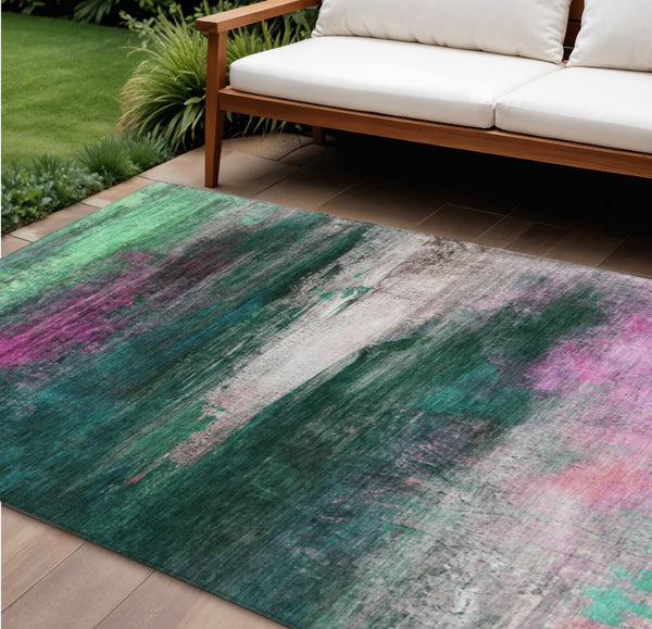 HomeRoots 9' X 12' Modern Abstract Area Rug in Soft Green, Blush & Ivory - Washable for Indoor/Outdoor Use 629207
