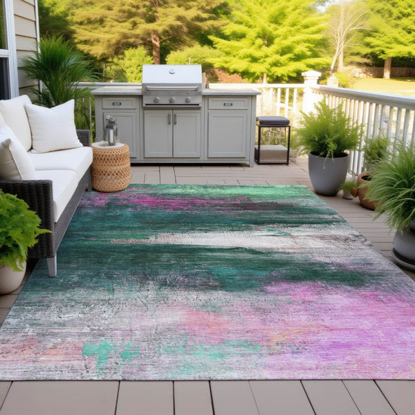 HomeRoots 9' X 12' Modern Abstract Area Rug in Soft Green, Blush & Ivory - Washable for Indoor/Outdoor Use 629207