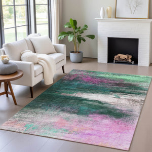 HomeRoots 9' X 12' Modern Abstract Area Rug in Soft Green, Blush & Ivory - Washable for Indoor/Outdoor Use 629207