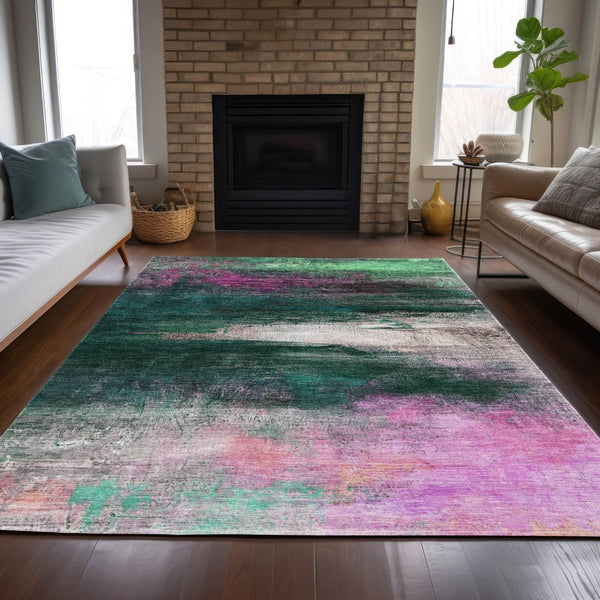 HomeRoots 9' X 12' Modern Abstract Area Rug in Soft Green, Blush & Ivory - Washable for Indoor/Outdoor Use 629207