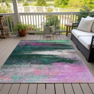 HomeRoots 9' X 12' Modern Abstract Area Rug in Soft Green, Blush & Ivory - Washable for Indoor/Outdoor Use 629207