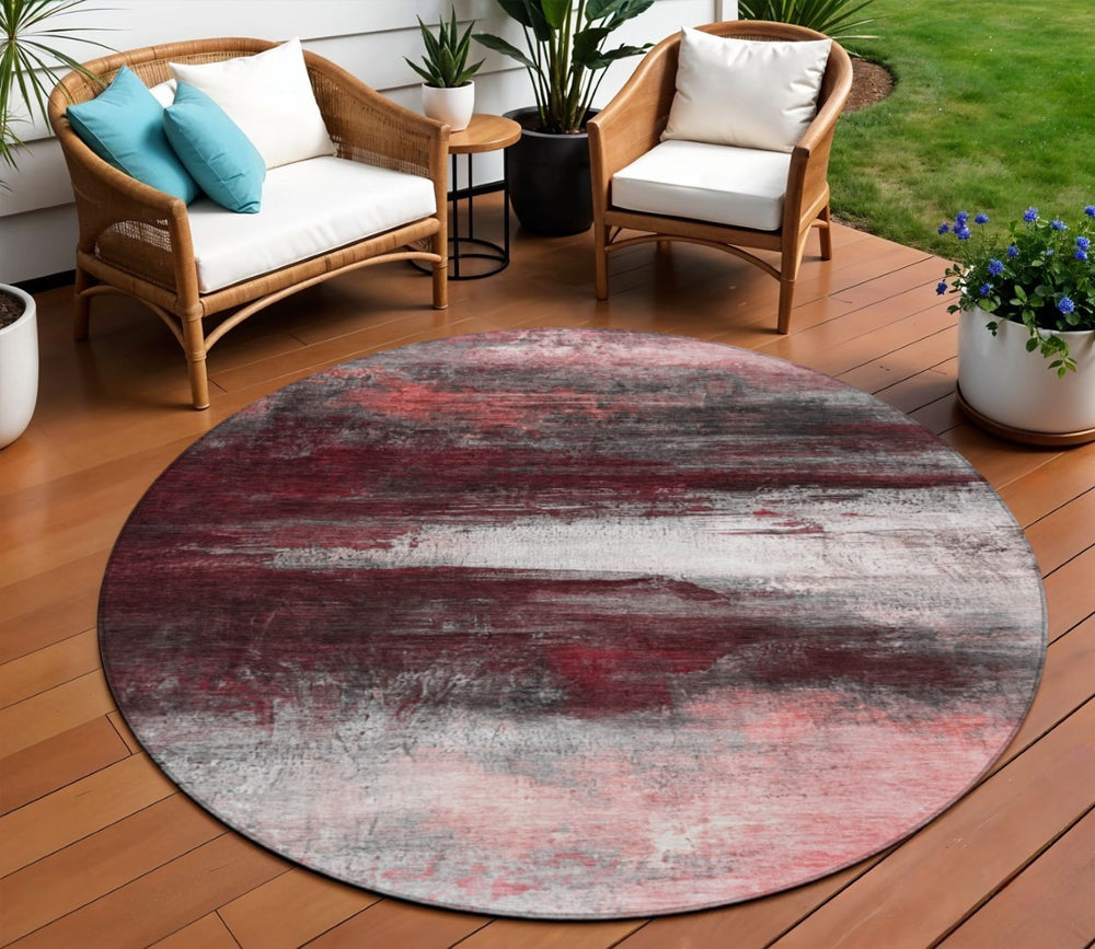 HomeRoots 8' Merlot Charcoal and Ivory Round Abstract Rug - Durable, Washable, Stylish for Indoor & Outdoor Spaces 629211