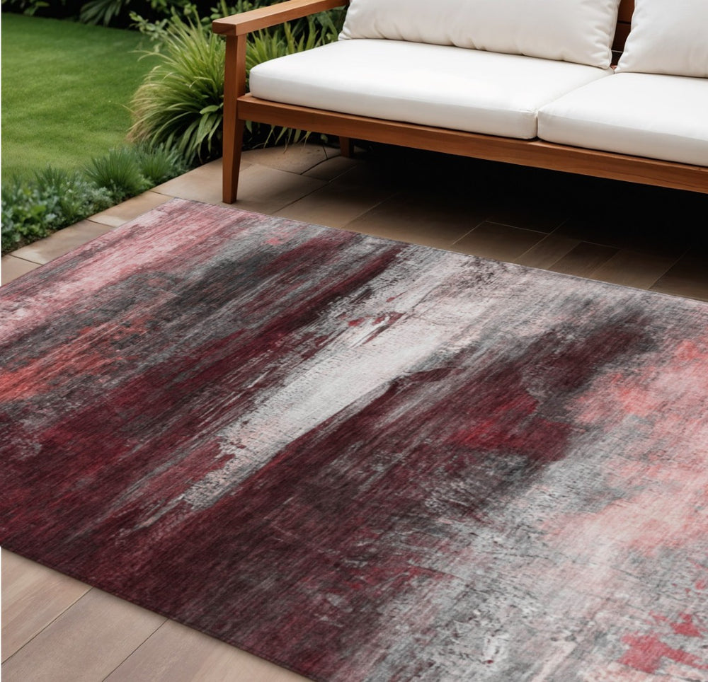HomeRoots 9' X 12' Merlot Charcoal Ivory Abstract Rug - Washable, Stain-Resistant for Indoor & Outdoor Use! 629213