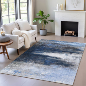 HomeRoots 5' x 8' Navy Blue Charcoal Ivory Abstract Rug - Stylish, Washable, Indoor/Outdoor Versatile Decor 629216