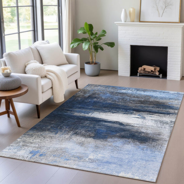 HomeRoots 5' x 8' Navy Blue Charcoal Ivory Abstract Rug - Stylish, Washable, Indoor/Outdoor Versatile Decor 629216