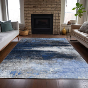 HomeRoots 5' x 8' Navy Blue Charcoal Ivory Abstract Rug - Stylish, Washable, Indoor/Outdoor Versatile Decor 629216