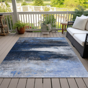 HomeRoots 5' x 8' Navy Blue Charcoal Ivory Abstract Rug - Stylish, Washable, Indoor/Outdoor Versatile Decor 629216