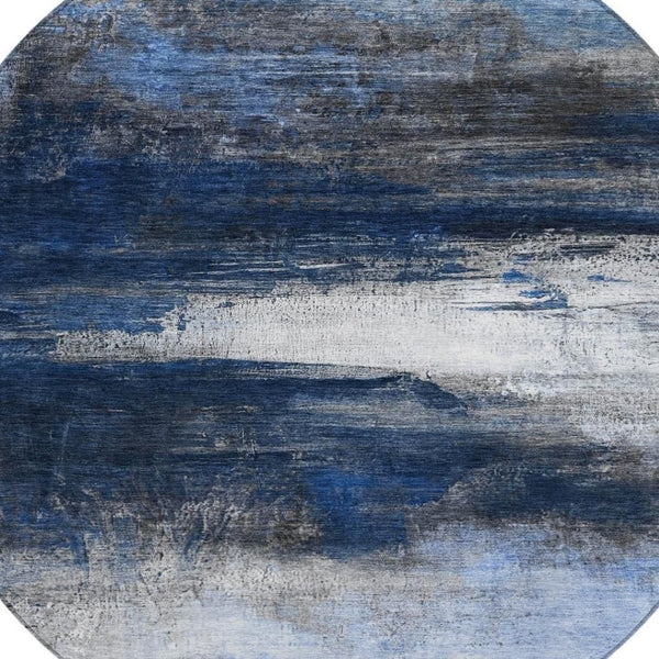 HomeRoots 8' Navy Blue Charcoal Ivory Round Area Rug - Modern Abstract Design for Indoor & Outdoor Durability 629217