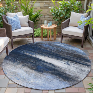 HomeRoots 8' Navy Blue Charcoal Ivory Round Area Rug - Modern Abstract Design for Indoor & Outdoor Durability 629217