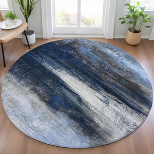 HomeRoots 8' Navy Blue Charcoal Ivory Round Area Rug - Modern Abstract Design for Indoor & Outdoor Durability 629217