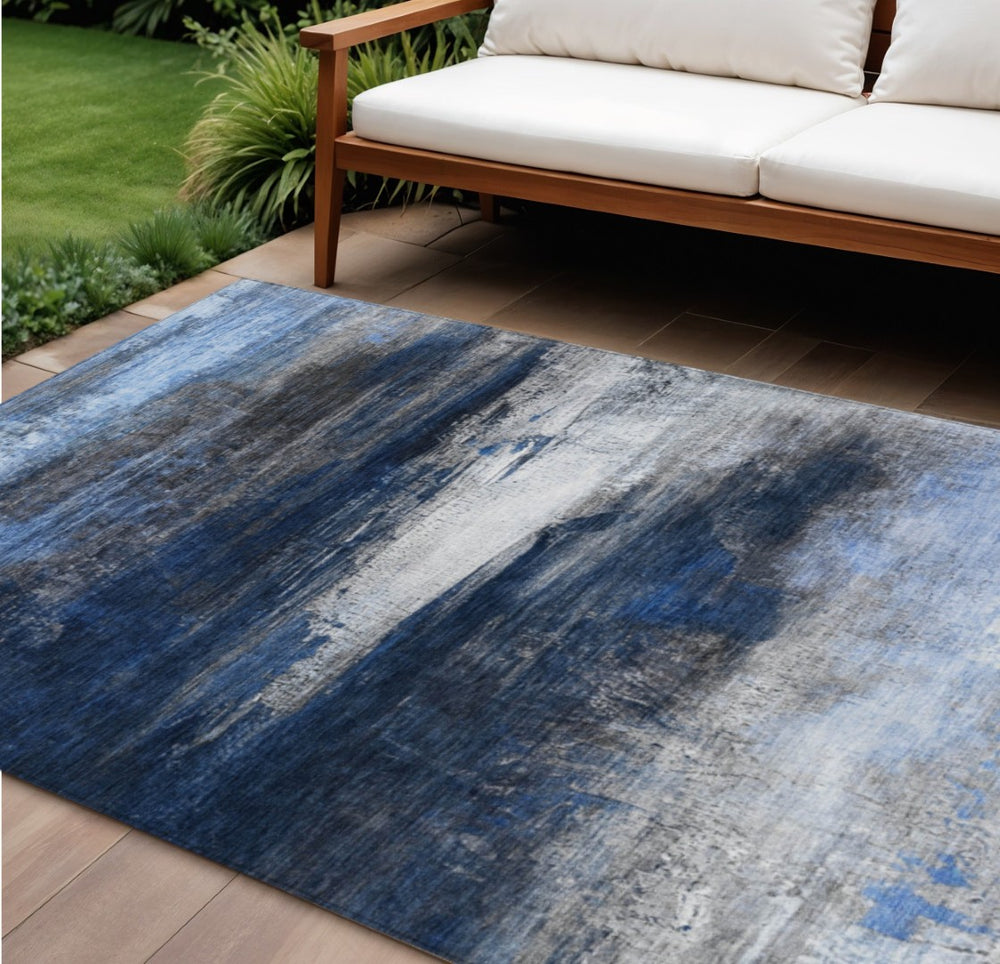 HomeRoots 9' X 12' Navy Blue Charcoal Ivory Abstract Rug – Stylish, Washable, Indoor/Outdoor, Durable & Versatile 629219