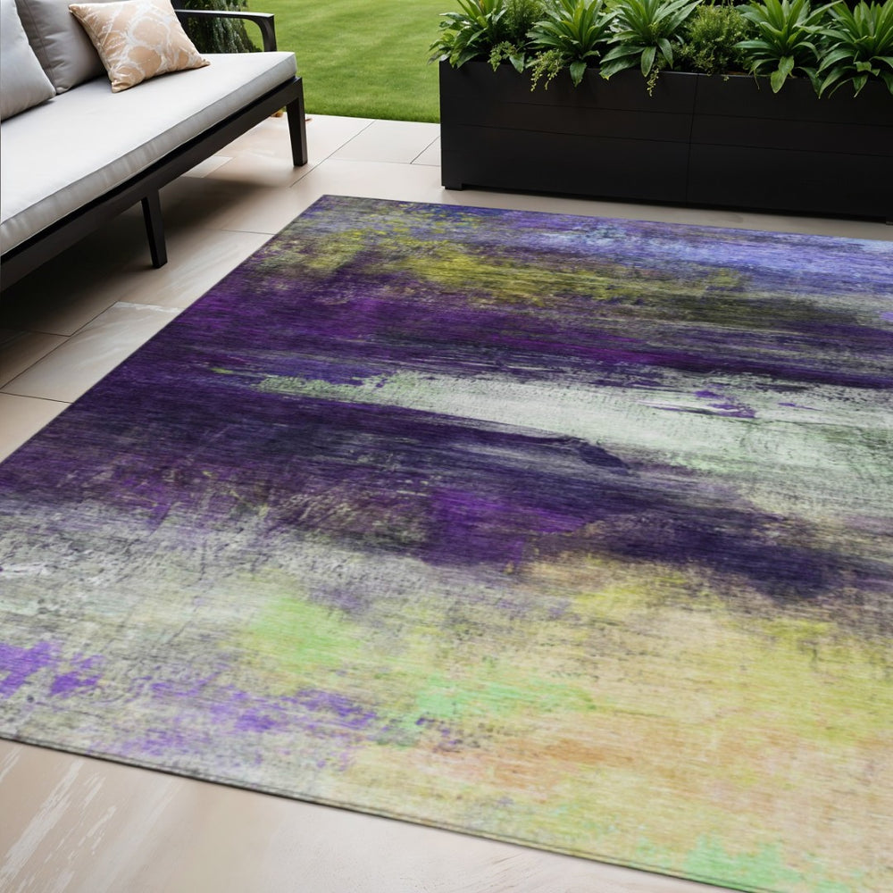 HomeRoots 5' X 8' Vibrant Purple Yellow Ivory Abstract Washable Rug - Durable Indoor & Outdoor Comfort! 629222