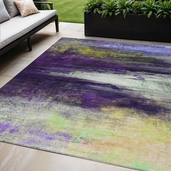 HomeRoots 5' X 8' Vibrant Purple Yellow Ivory Abstract Washable Rug - Durable Indoor & Outdoor Comfort! 629222