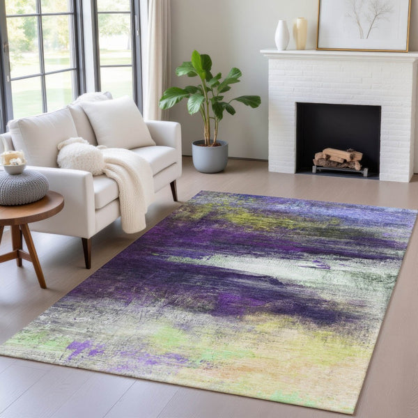 HomeRoots 5' X 8' Vibrant Purple Yellow Ivory Abstract Washable Rug - Durable Indoor & Outdoor Comfort! 629222
