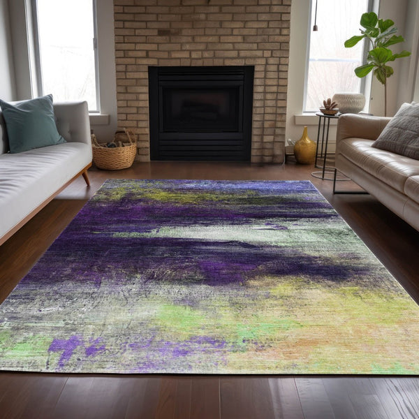 HomeRoots 5' X 8' Vibrant Purple Yellow Ivory Abstract Washable Rug - Durable Indoor & Outdoor Comfort! 629222