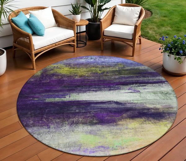 HomeRoots 8' Abstract Round Washable Area Rug in Vibrant Purple, Yellow & Ivory – Perfect for Indoor/Outdoor Use! 629223