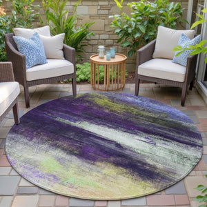 HomeRoots 8' Abstract Round Washable Area Rug in Vibrant Purple, Yellow & Ivory – Perfect for Indoor/Outdoor Use! 629223