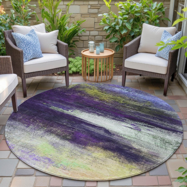 HomeRoots 8' Abstract Round Washable Area Rug in Vibrant Purple, Yellow & Ivory – Perfect for Indoor/Outdoor Use! 629223