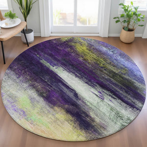 HomeRoots 8' Abstract Round Washable Area Rug in Vibrant Purple, Yellow & Ivory – Perfect for Indoor/Outdoor Use! 629223