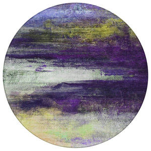 HomeRoots 8' Abstract Round Washable Area Rug in Vibrant Purple, Yellow & Ivory – Perfect for Indoor/Outdoor Use! 629223