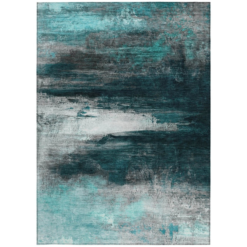 HomeRoots 5' Teal Blue Aqua Charcoal Abstract Area Rug - Washable, Durable Indoor/Outdoor Design for Modern Spaces 629228