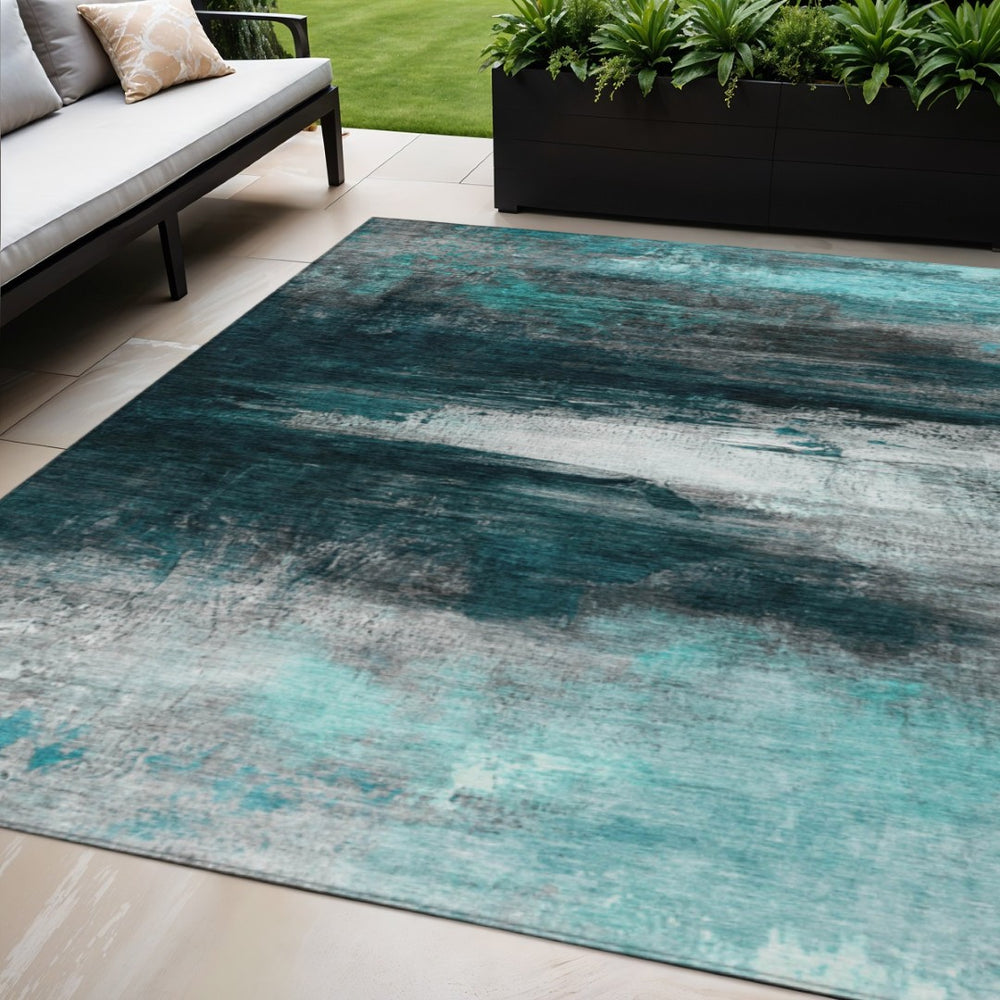 HomeRoots 5' Teal Blue Aqua Charcoal Abstract Area Rug - Washable, Durable Indoor/Outdoor Design for Modern Spaces 629228