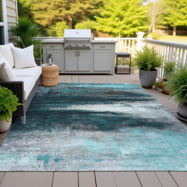 HomeRoots 5' Teal Blue Aqua Charcoal Abstract Area Rug - Washable, Durable Indoor/Outdoor Design for Modern Spaces 629228