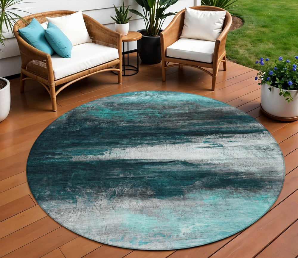 HomeRoots 8' Teal Blue Aqua Round Abstract Washable Area Rug – Modern Durable Design for Indoor & Outdoor Use 629229